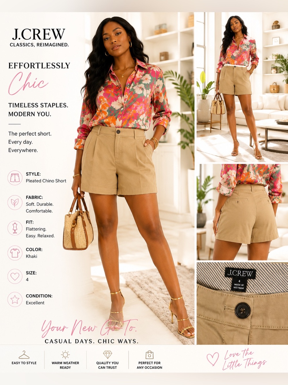J.Crew Khaki Pleated Chino Shorts - Khaki size 4